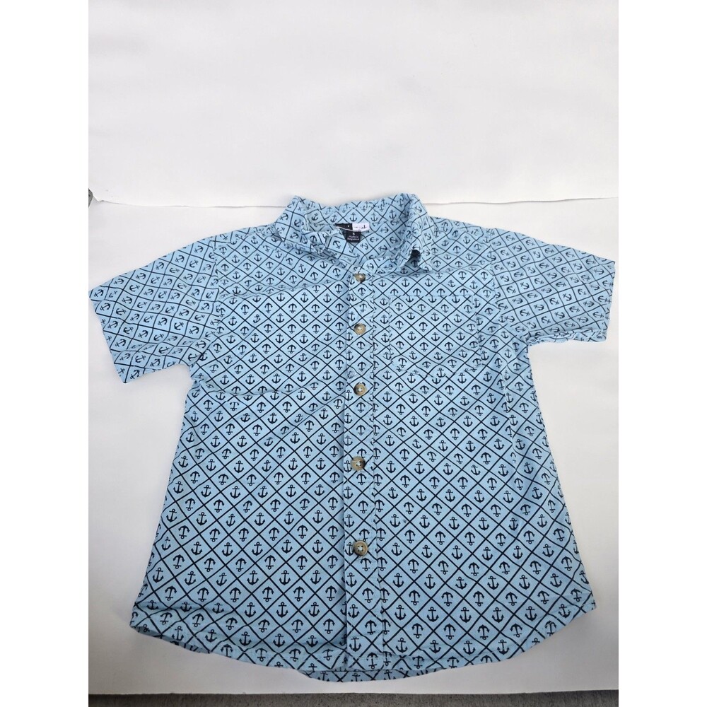 Mick Mack Boys Button Up Shirt Size 5 Blue Anchor Print Short Sleeve Casual